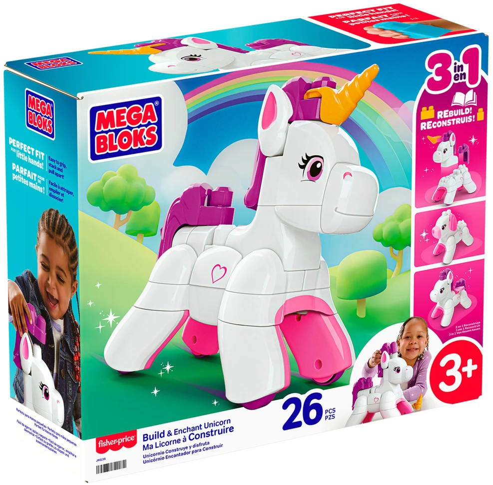 Mattel MEGA BLOKS BUILD AND ENCHANT 3 in 1 vienaragio konstruktorius (JKG36)