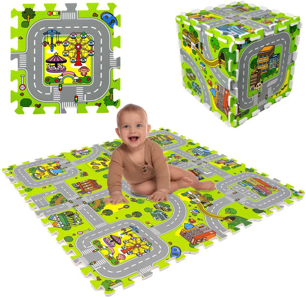 Mokomasis grindų kilimėlis 90x90 Storo putplasčio dėlionė 9 vnt. Gatvės Miestas Miestas Gatvės Pastatai Namai Kotedžai
