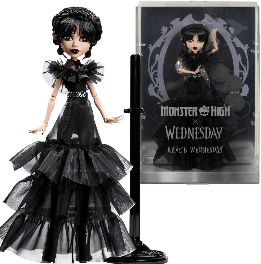 Žaislinė lelė Mattel „Monster High X Wednesday“ Trečiadienė su juoda suknele, 27 cm