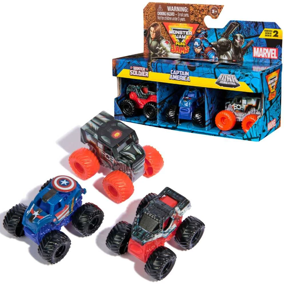 „Monster Jam“ žaislas 3 dalių rinkinys „Mini Jam“ Marvel Winter Soldier Kapitonas Amerika Karo mašina 1:87