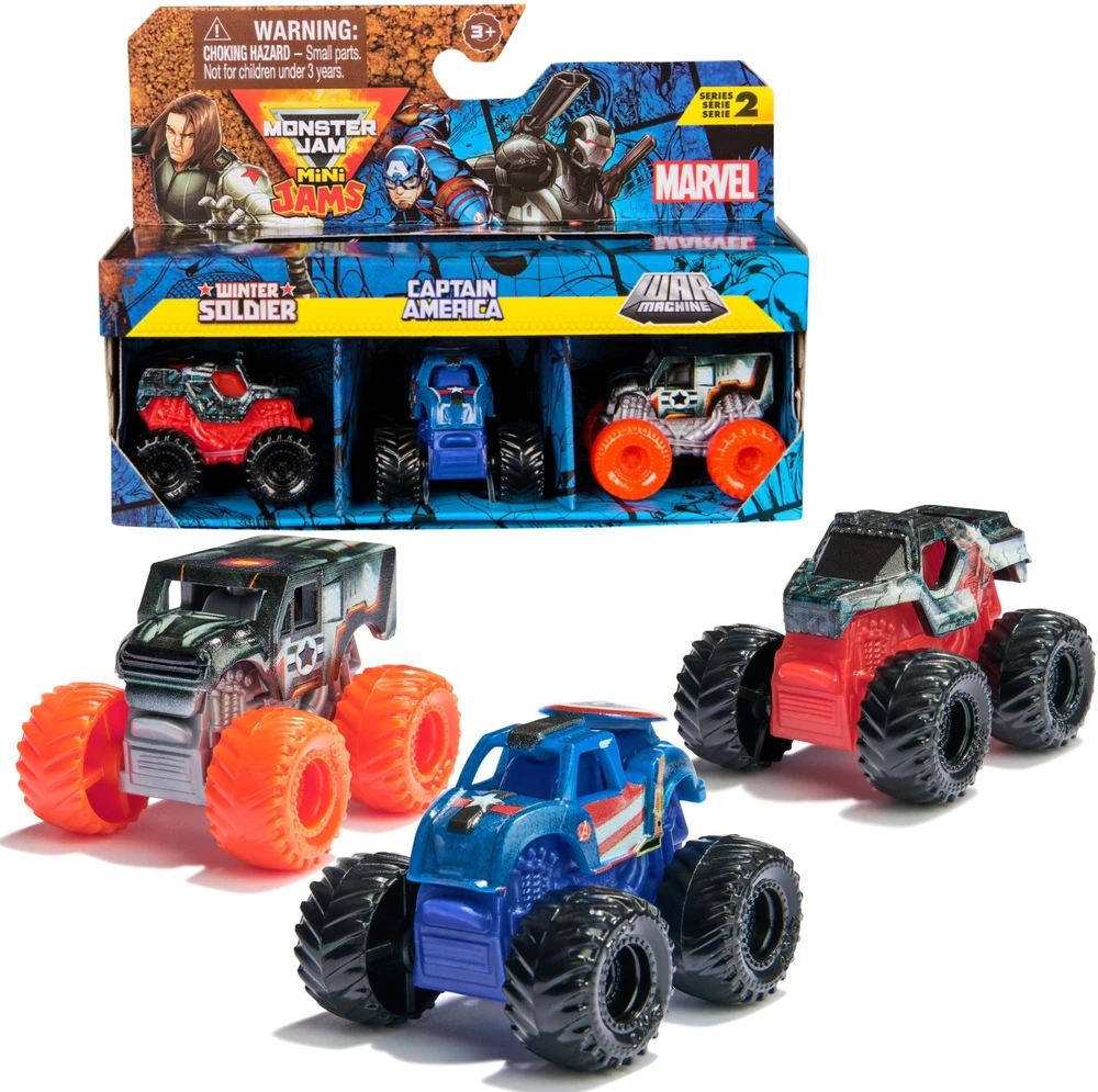 „Monster Jam“ žaislas 3 dalių rinkinys „Mini Jam“ Marvel Winter Soldier Kapitonas Amerika Karo mašina 1:87