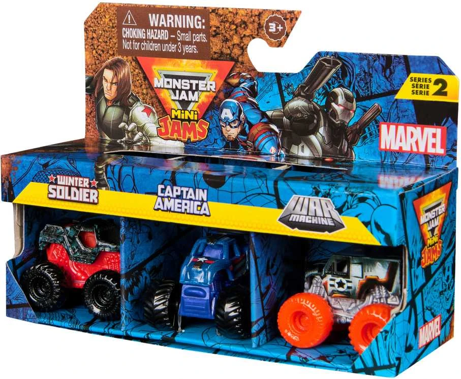 „Monster Jam“ žaislas 3 dalių rinkinys „Mini Jam“ Marvel Winter Soldier Kapitonas Amerika Karo mašina 1:87