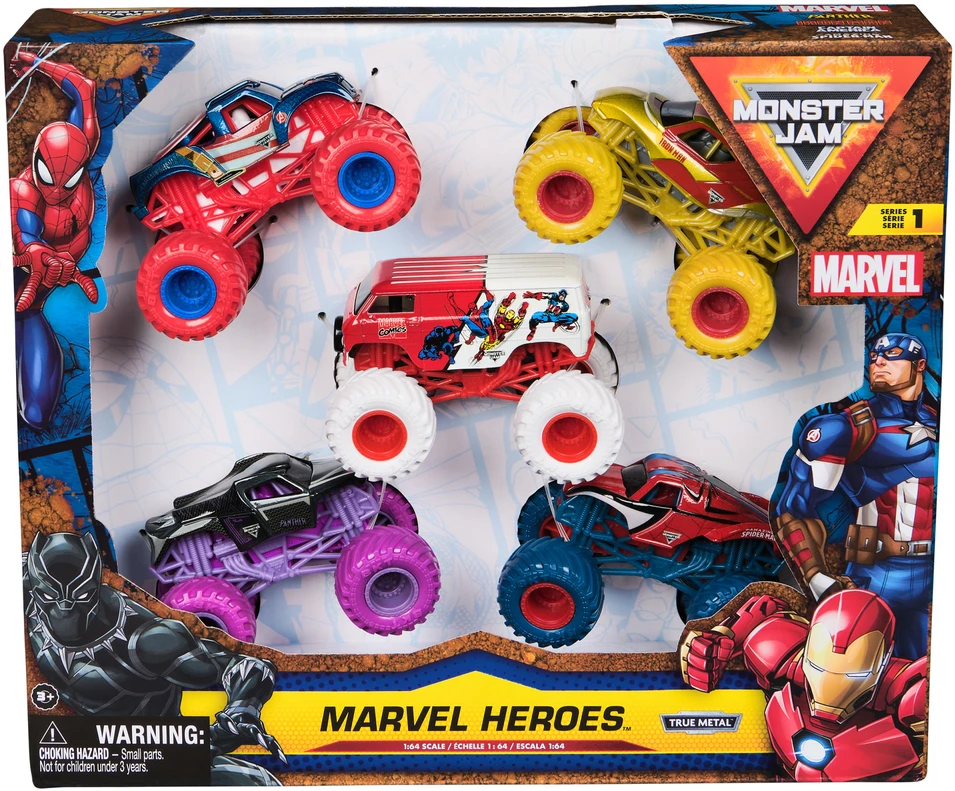 Monster Jam 5 transporto priemonių rinkinys Monster Truck Marvel Heroes 1:64