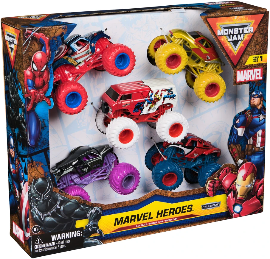 Monster Jam 5 transporto priemonių rinkinys Monster Truck Marvel Heroes 1:64