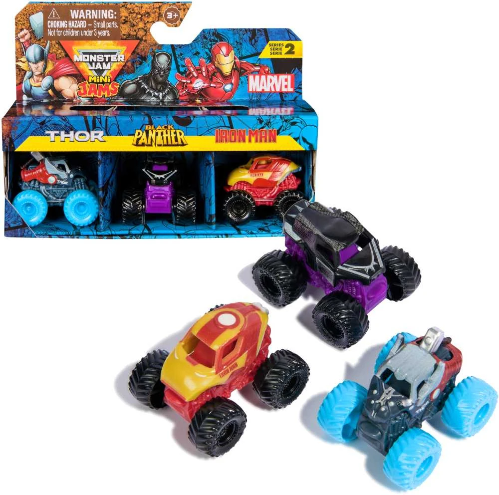 „Monster Jam“ žaislai 3 dalių rinkinys „Mini Jam“ Marvel Thor Juodoji pantera Geležinė Man