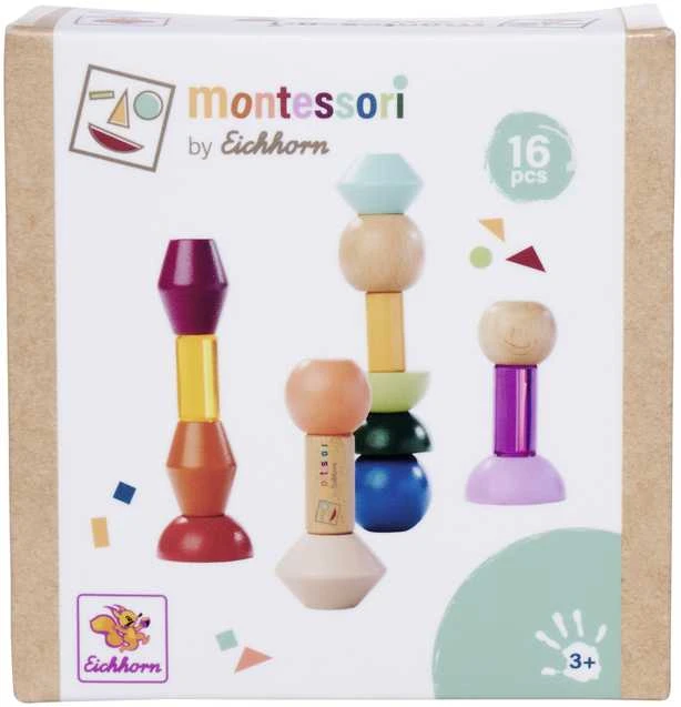 Montessori mediniai figūrėlių bokštai, 16 spalvingų detalių