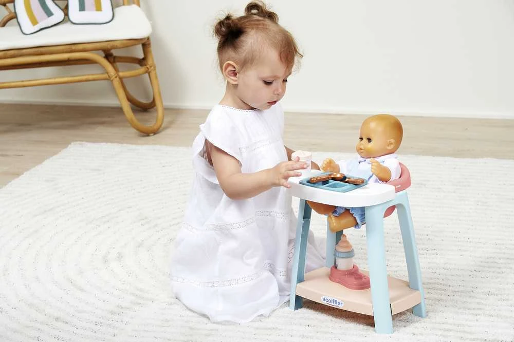 Lopšelio lėlės maitinimo rinkinys su sėdyne ir priedais, 7 dalys