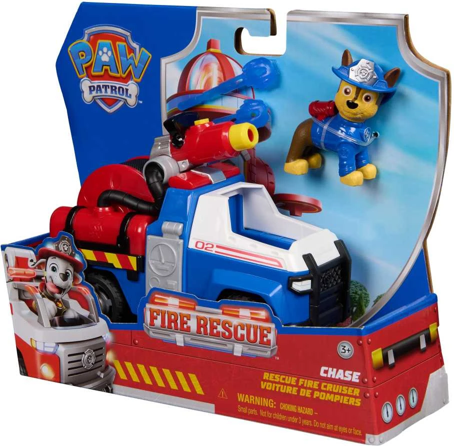 „Paw Patrol“ ugniagesių gelbėjimo automobilis su „Chase“ policijos automobilio figūrėle ir vandens raketomis
