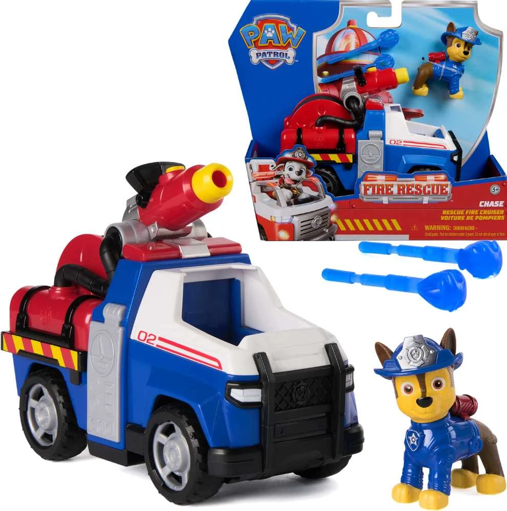 „Paw Patrol“ ugniagesių gelbėjimo automobilis su „Chase“ policijos automobilio figūrėle ir vandens raketomis