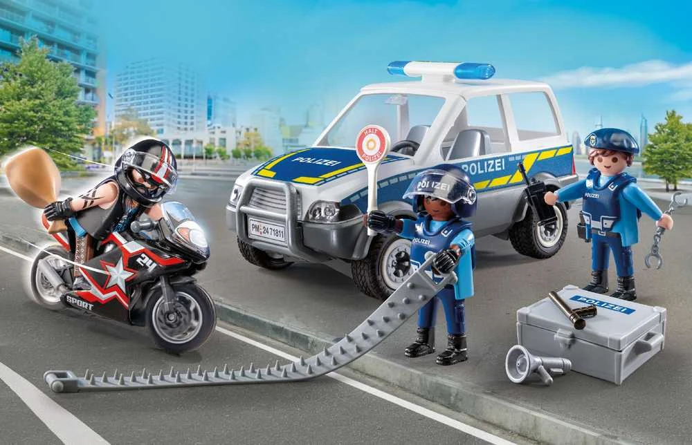 „Playmobil“ miesto herojų rinkinys su policijos pareigūnais, automobiliu, motociklu ir aksesuarais, 55 dalys