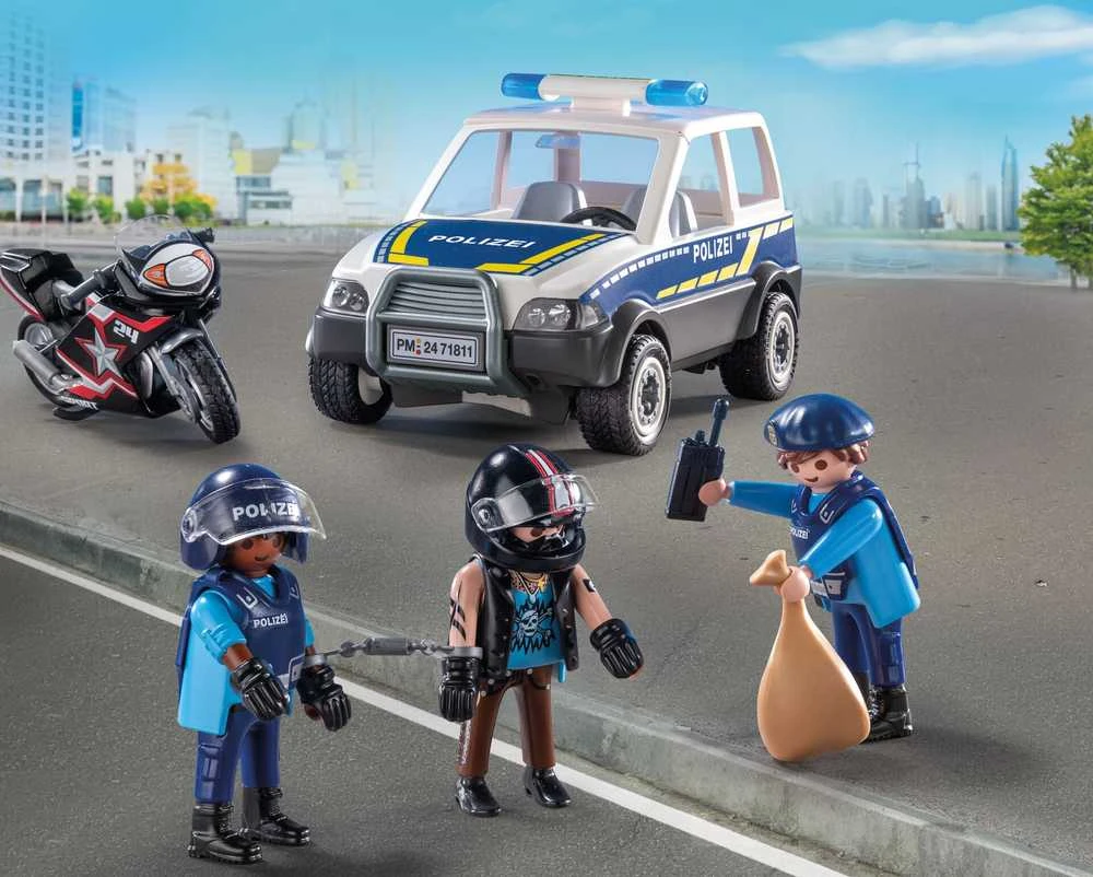 „Playmobil“ miesto herojų rinkinys su policijos pareigūnais, automobiliu, motociklu ir aksesuarais, 55 dalys