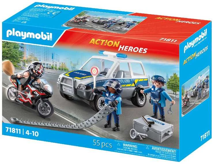 „Playmobil“ miesto herojų rinkinys su policijos pareigūnais, automobiliu, motociklu ir aksesuarais, 55 dalys