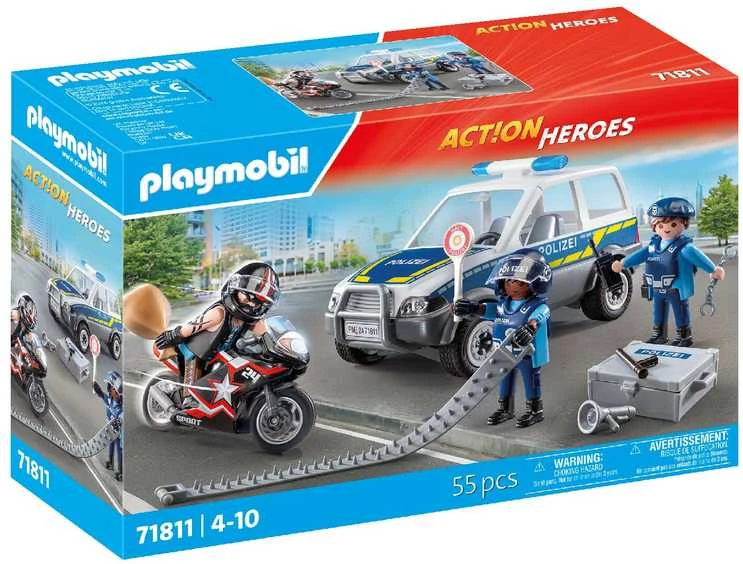 „Playmobil“ miesto herojų rinkinys su policijos pareigūnais, automobiliu, motociklu ir aksesuarais, 55 dalys