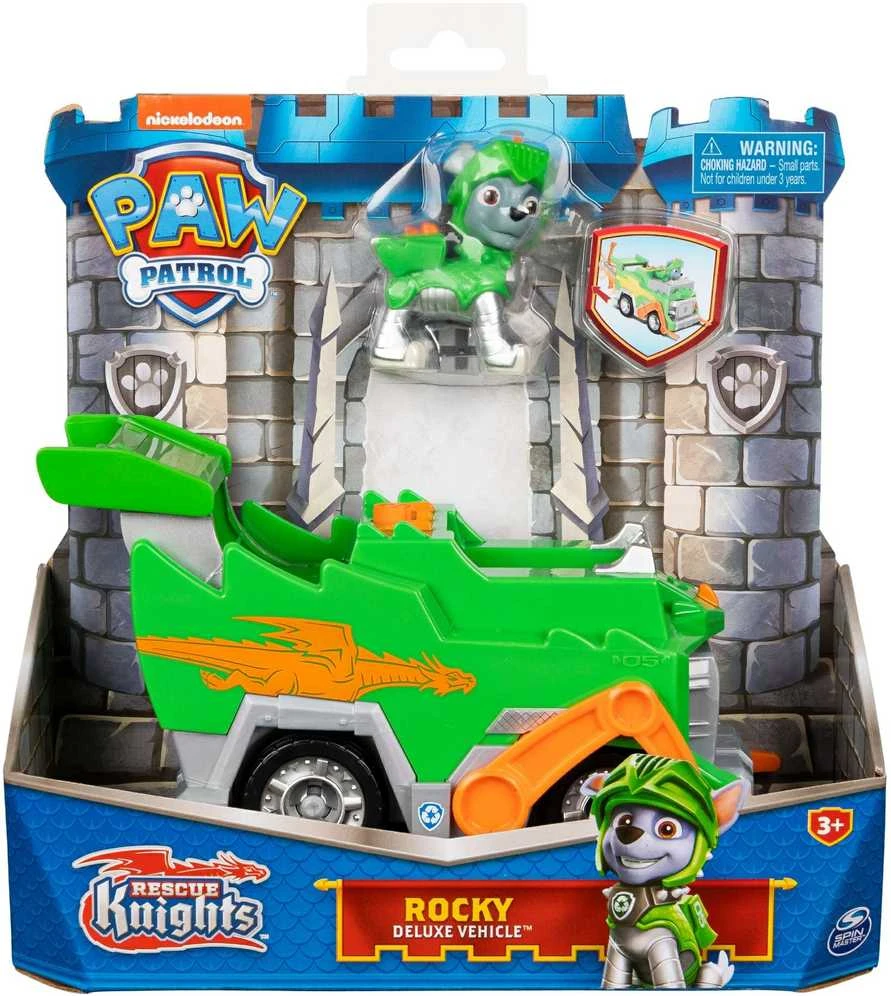 Paw Patrol 2in1 Rocky Rescue Knights Crane Knight Važiuoklė Žalia Šiukšliavežė + figūrėlė