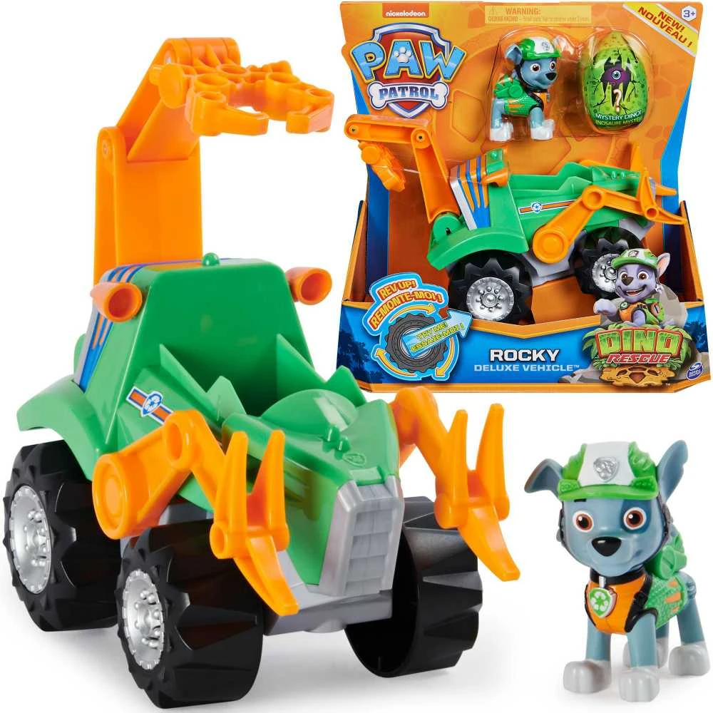 Spin Master „Paw Patrol 3in1 Rocky Dino Rescue“ figūrėlė + didelė automobilio mašina + dinozauro staigmena