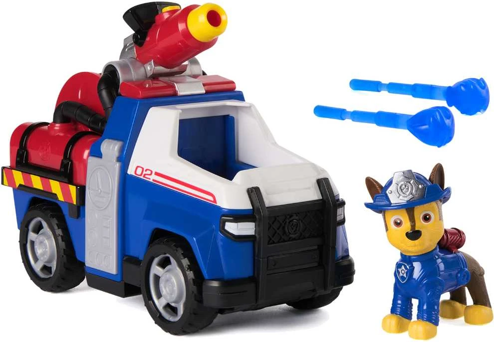 „Paw Patrol“ ugniagesių gelbėjimo automobilis su „Chase“ policijos automobilio figūrėle ir vandens raketomis
