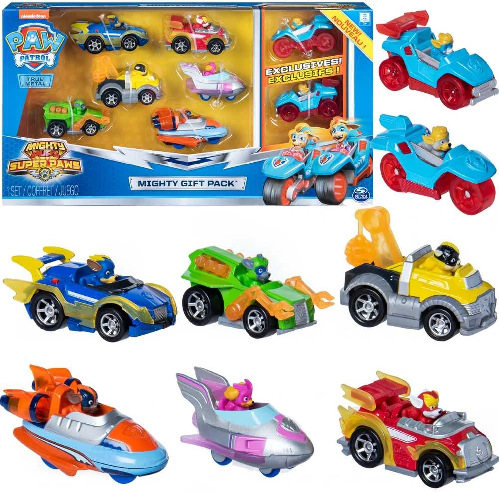 Spin Master Paw Patrol Mighty Pups True Metal rinkinys iš 8 lietų metalinių transporto priemonių