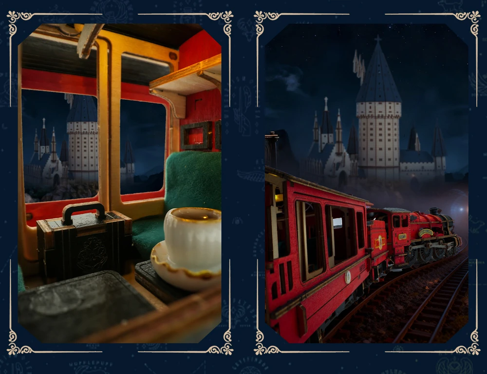 Puremind Harry Potter Sulankstomas medinis traukinio modelis Hogvartso ekspresas su šviesa ir garsu, 3D dėlionė "pasidaryk pats"