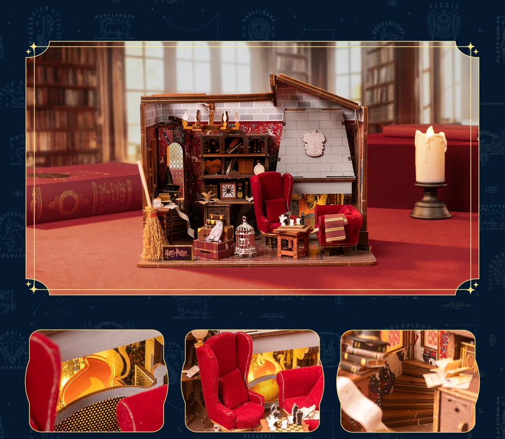 Puremind Harry Potter Sulankstomas medinis modelis scena Pokój Bendra Gryffindor dėlionė 3D DIY