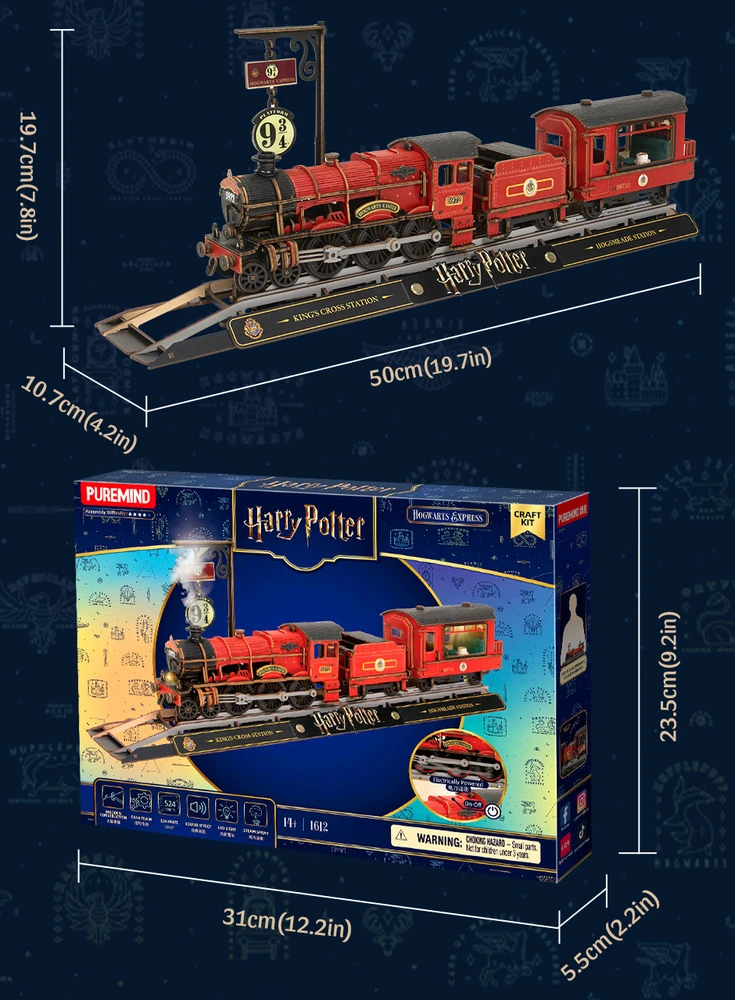 Puremind Harry Potter Sulankstomas medinis traukinio modelis Hogvartso ekspresas su šviesa ir garsu, 3D dėlionė "pasidaryk pats"