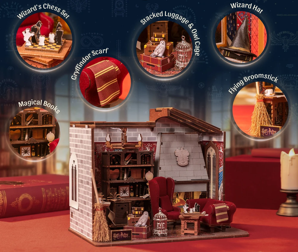 Puremind Harry Potter Sulankstomas medinis modelis scena Pokój Bendra Gryffindor dėlionė 3D DIY