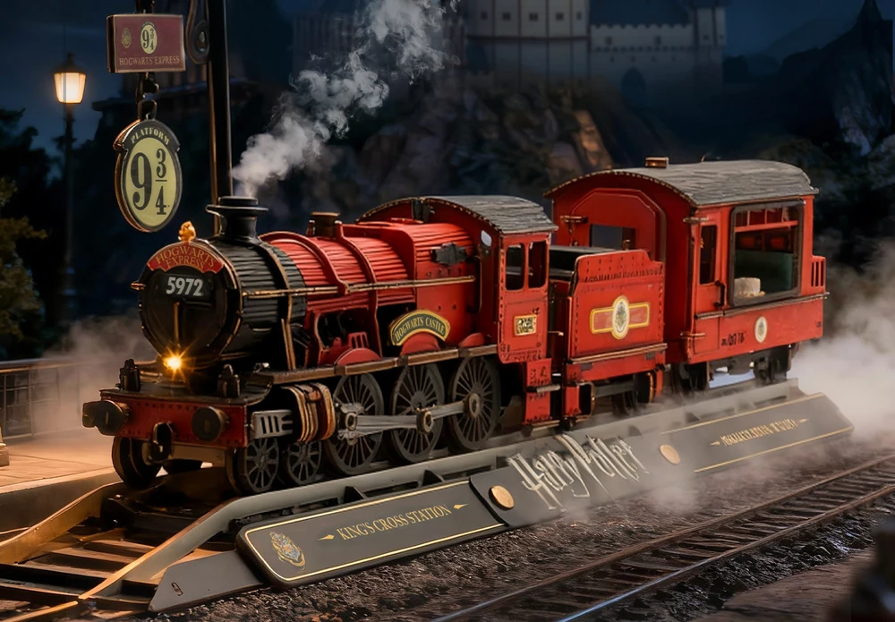 Puremind Harry Potter Sulankstomas medinis traukinio modelis Hogvartso ekspresas su šviesa ir garsu, 3D dėlionė "pasidaryk pats"