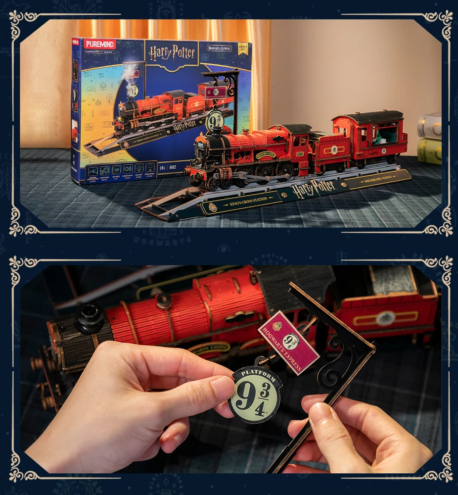 Puremind Harry Potter Sulankstomas medinis traukinio modelis Hogvartso ekspresas su šviesa ir garsu, 3D dėlionė "pasidaryk pats"