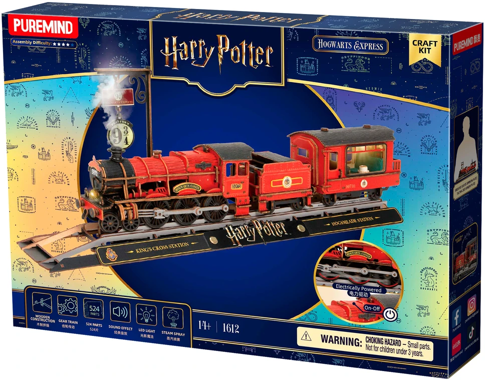 Puremind Harry Potter Sulankstomas medinis traukinio modelis Hogvartso ekspresas su šviesa ir garsu, 3D dėlionė "pasidaryk pats"