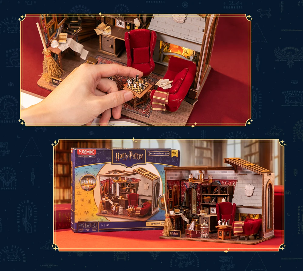 Puremind Harry Potter Sulankstomas medinis modelis scena Pokój Bendra Gryffindor dėlionė 3D DIY