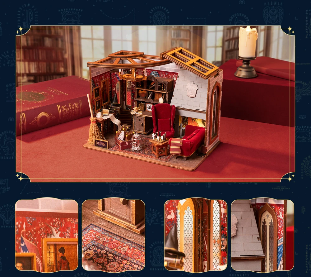 Puremind Harry Potter Sulankstomas medinis modelis scena Pokój Bendra Gryffindor dėlionė 3D DIY