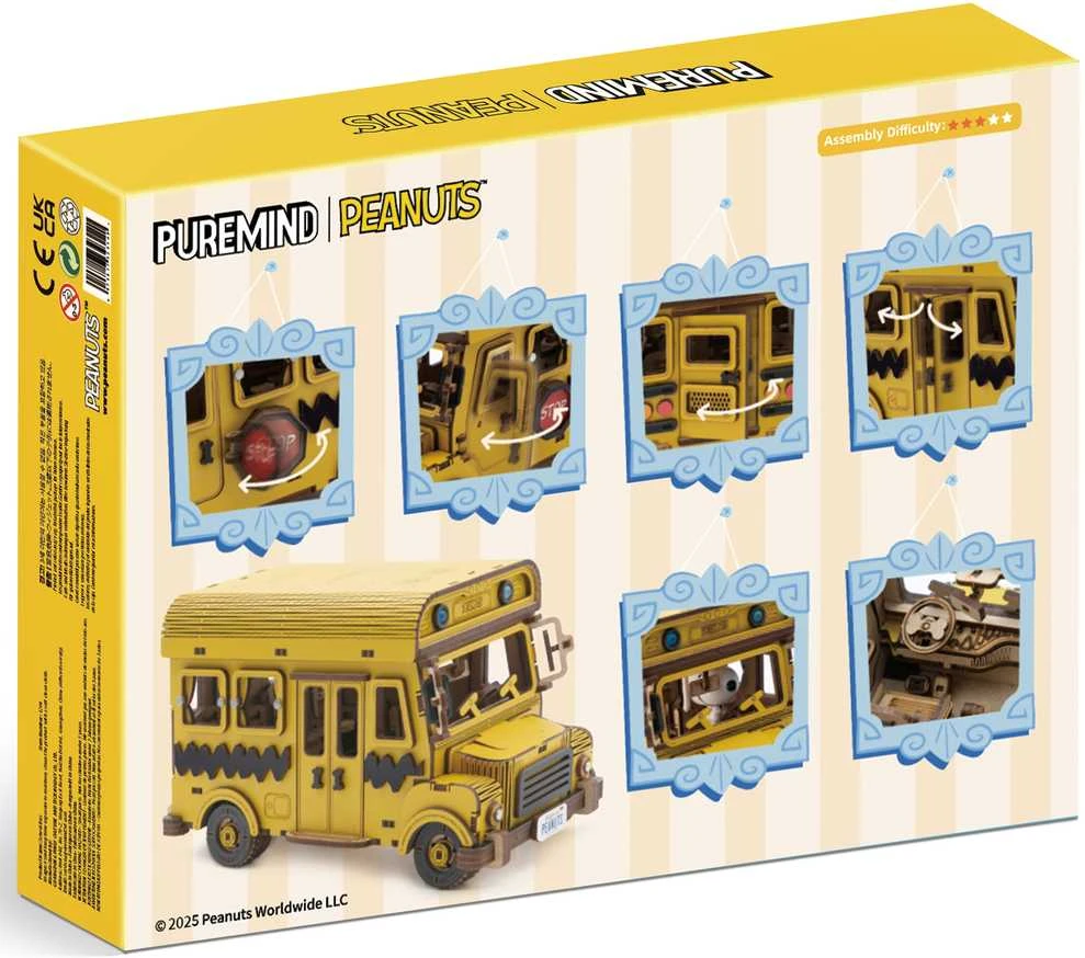 „Puremind“ sulankstomas medinis mokyklinio autobuso modelis „Snoopy Peanuts“ 3D dėlionė „pasidaryk pats“