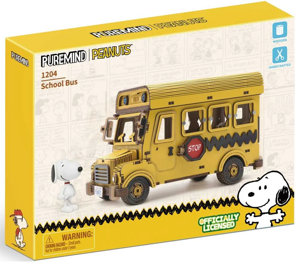 „Puremind“ sulankstomas medinis mokyklinio autobuso modelis „Snoopy Peanuts“ 3D dėlionė „pasidaryk pats“
