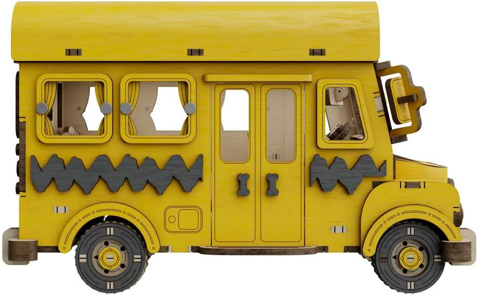 „Puremind“ sulankstomas medinis mokyklinio autobuso modelis „Snoopy Peanuts“ 3D dėlionė „pasidaryk pats“