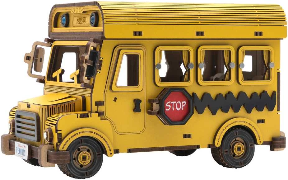 „Puremind“ sulankstomas medinis mokyklinio autobuso modelis „Snoopy Peanuts“ 3D dėlionė „pasidaryk pats“