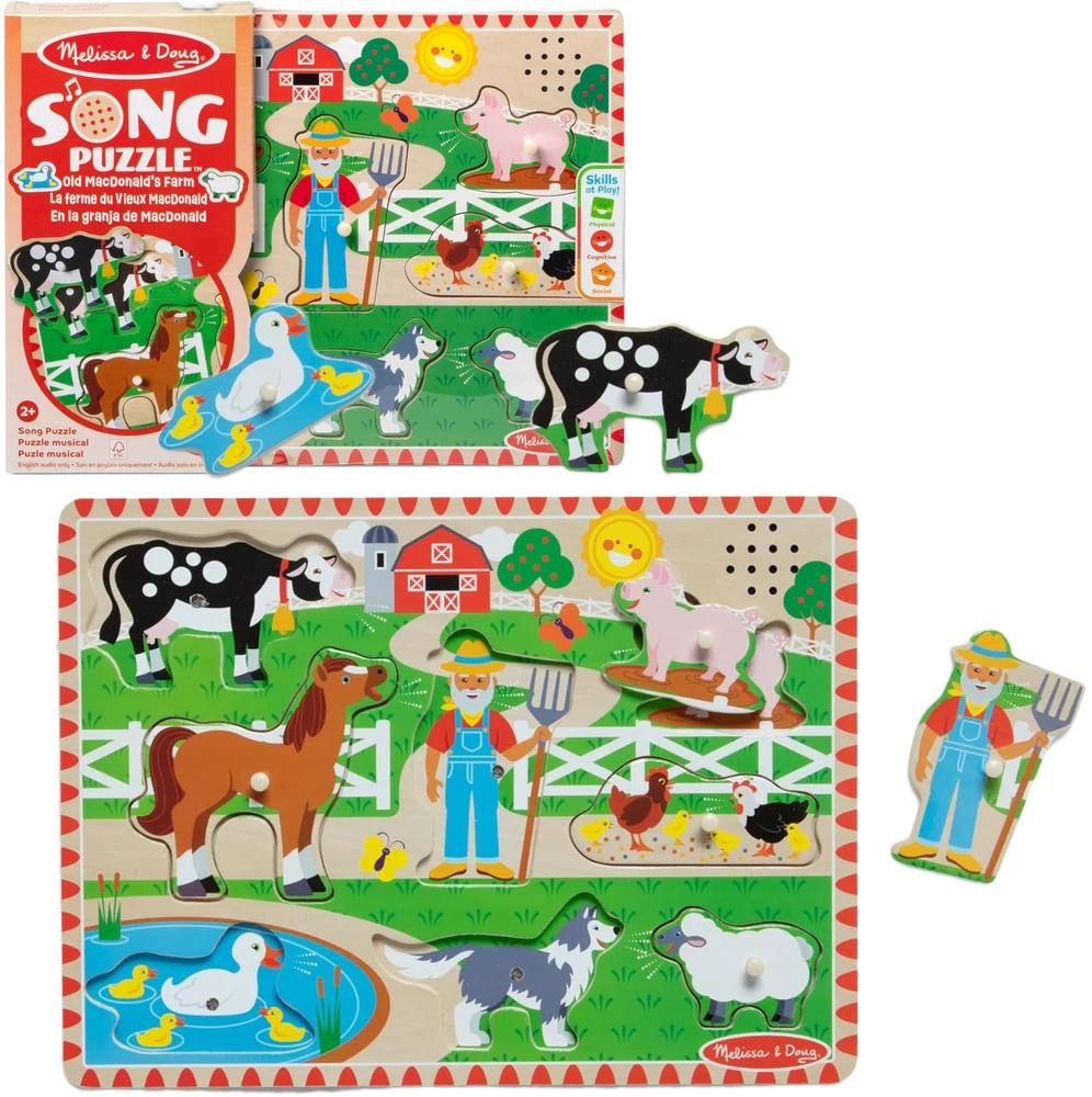 Medinės dėlionės su garsu, dėlionė Old MacDonald's Farm EN Melissa & Doug