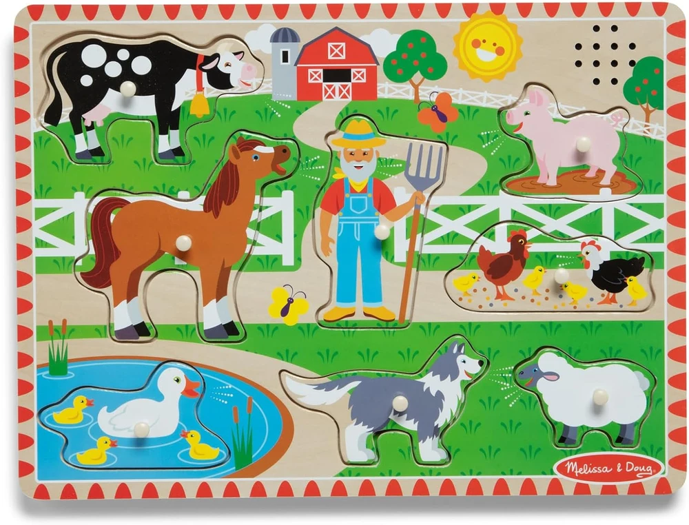 Medinės dėlionės su garsu, dėlionė Old MacDonald's Farm EN Melissa & Doug