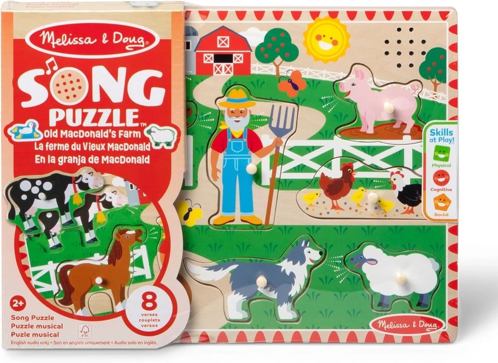 Medinės dėlionės su garsu, dėlionė Old MacDonald's Farm EN Melissa & Doug