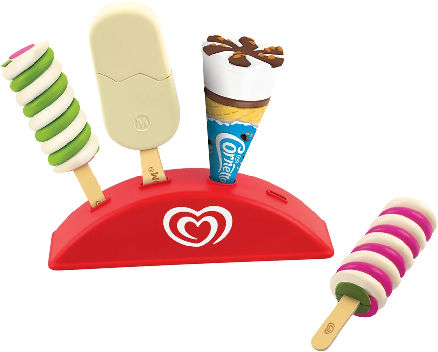 Rinkinys 4 zabawkowe lody na podstawce ekspozytor Twister Cornetto Magnum Algida Casdon