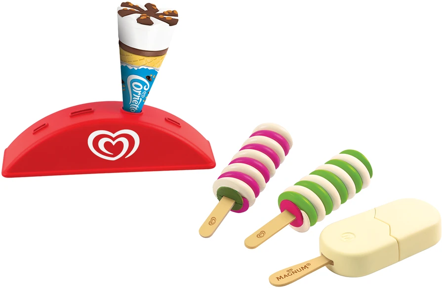 Rinkinys 4 zabawkowe lody na podstawce ekspozytor Twister Cornetto Magnum Algida Casdon