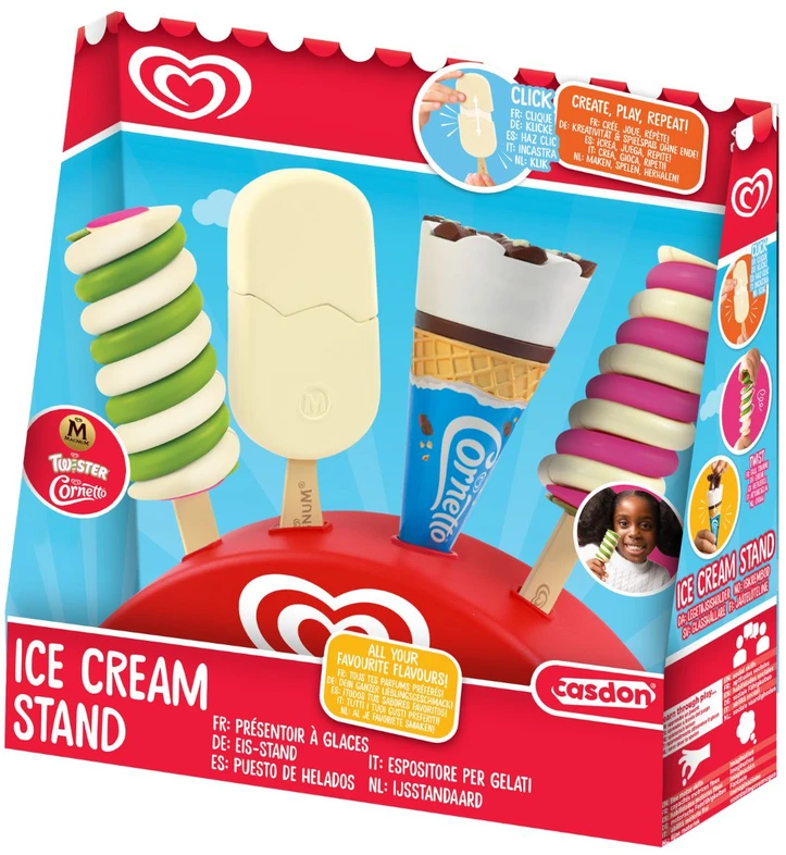 Rinkinys 4 zabawkowe lody na podstawce ekspozytor Twister Cornetto Magnum Algida Casdon