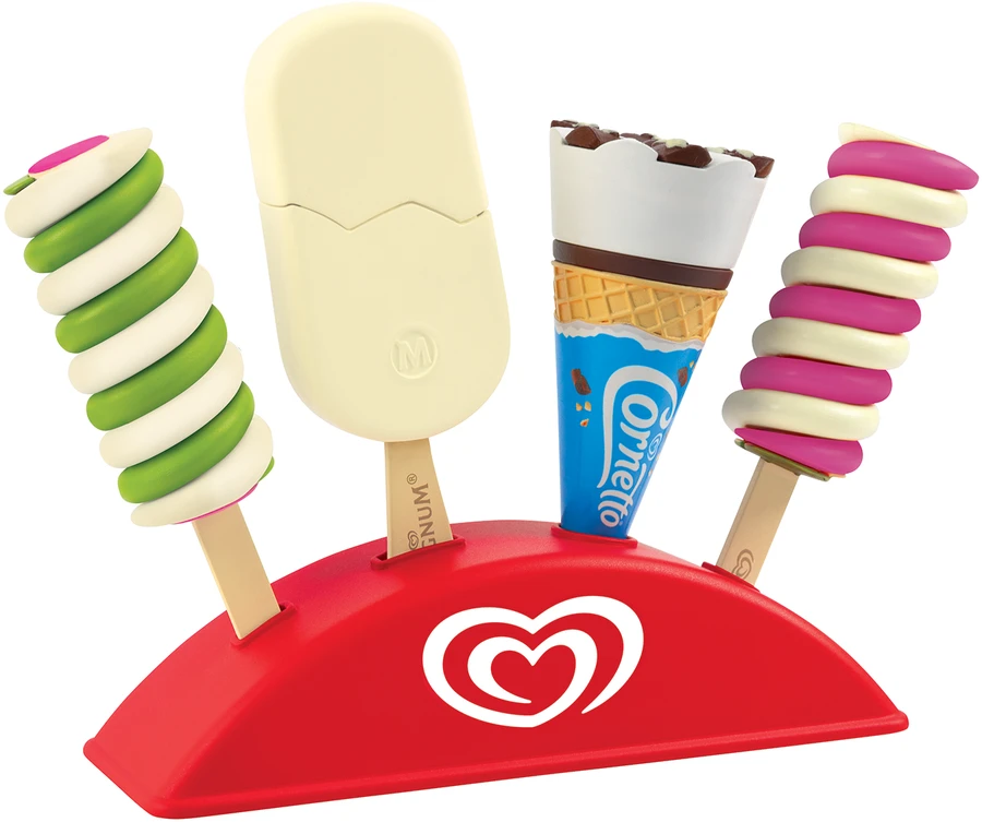 Rinkinys 4 zabawkowe lody na podstawce ekspozytor Twister Cornetto Magnum Algida Casdon