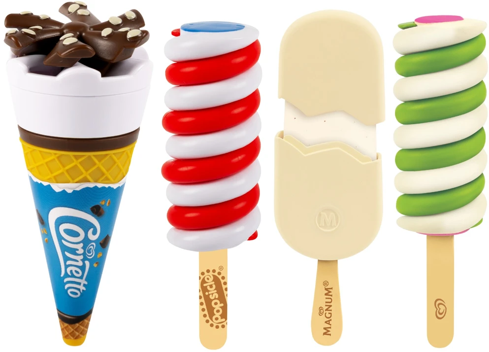 Rinkinys 4 zabawkowe lody na podstawce ekspozytor Twister Cornetto Magnum Algida Casdon