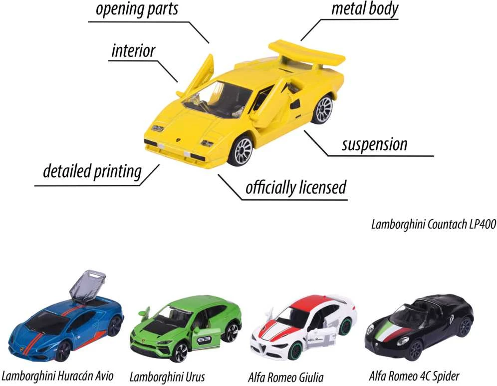 SIMBA Rinkinys 5 metalinės transporto priemonės Lenktyniniai automobiliai Italian Springs Svajonių automobiliai Alfa Romeo Lamborghini kaip dovana