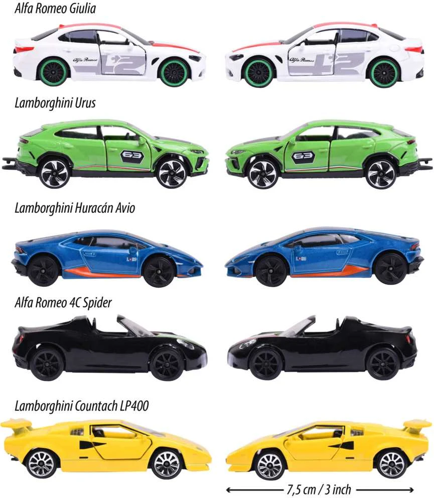 SIMBA Rinkinys 5 metalinės transporto priemonės Lenktyniniai automobiliai Italian Springs Svajonių automobiliai Alfa Romeo Lamborghini kaip dovana