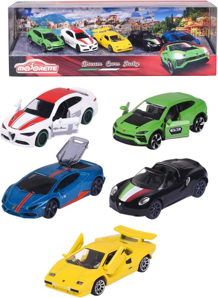 SIMBA Rinkinys 5 metalinės transporto priemonės Lenktyniniai automobiliai Italian Springs Svajonių automobiliai Alfa Romeo Lamborghini kaip dovana