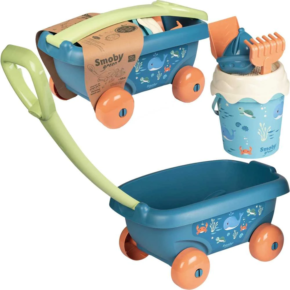 „Smoby“ vežimėlis su kibire ir bioplastikų smėlio aksesuarais