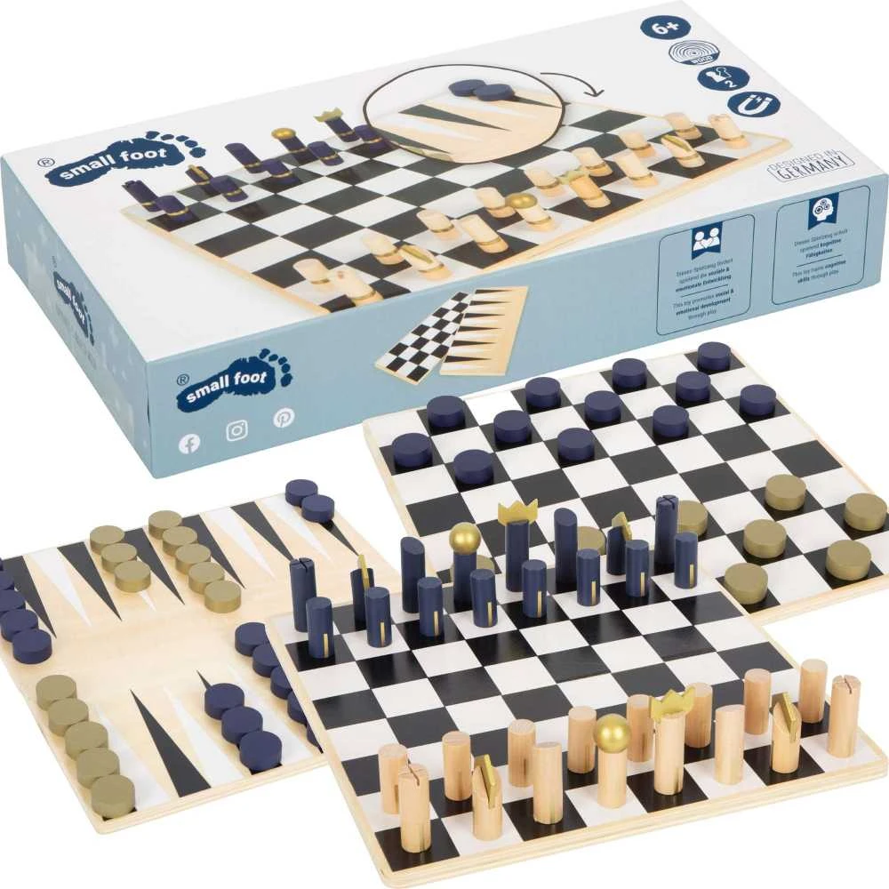 Small Foot Rinkinys mediniai stalo žaidimai 3in1 šachmatų šaškės Backgammon Dėlionės žaidimas