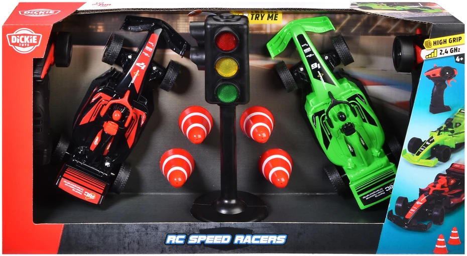 Dickie Rinkinys dwóch samochodów wyścigowych zdalnie sterowanych RC Speed Racers + Światła i pachołki