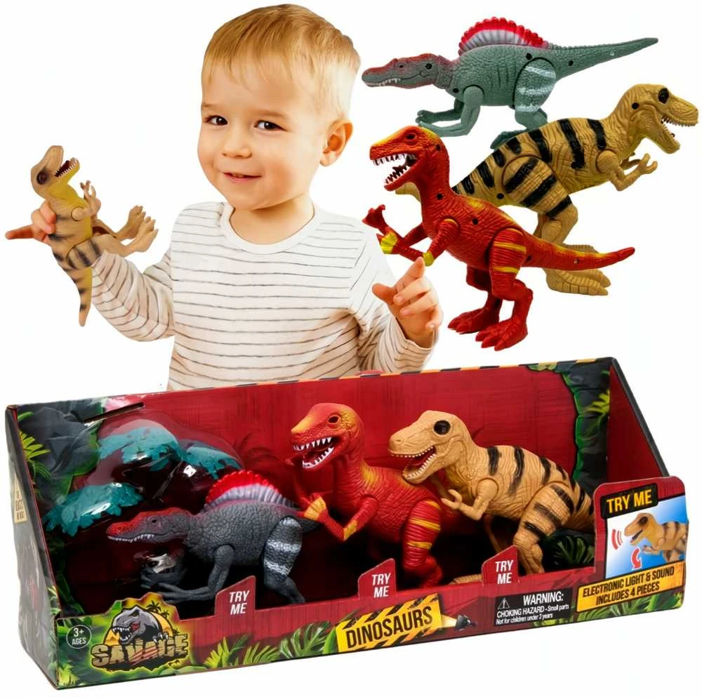 Norimpex Dinozaurų interaktyvios figūrėlės Rinkinys Judantis garsas Šviesa Riaumojimas 22 cm Spinosaurus Tyrannosaurus Velociraptor 3 vnt.