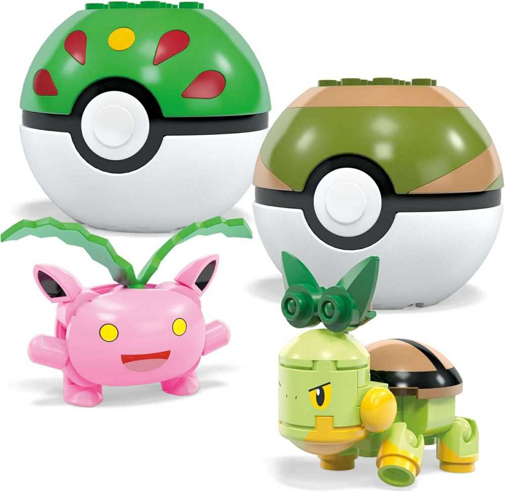 Mega Pokemon blokai 118 vnt rinkinys 4 žolės Pokemon + 4 Pokeballs HWR77
